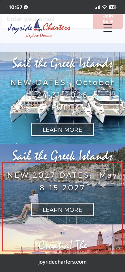 October Greece card marked FULL with the May 2027 card boxed in red below it